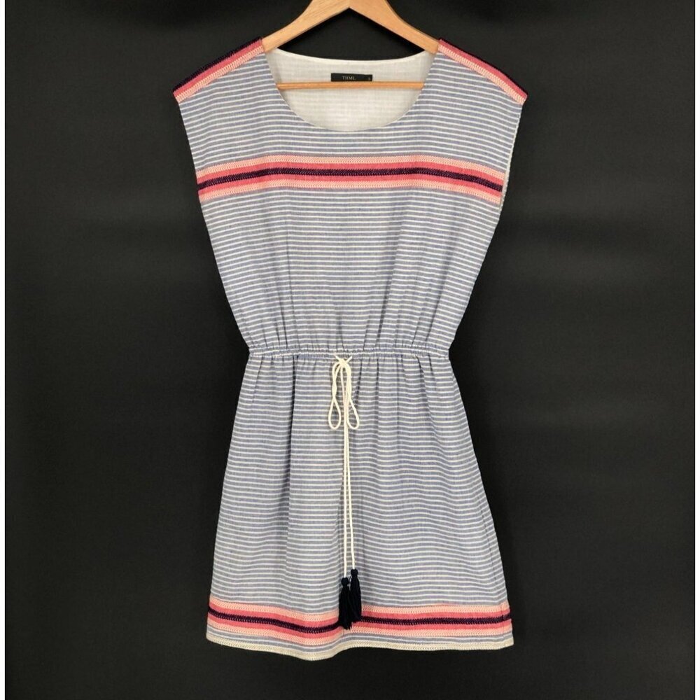 THML Women's Striped Embroidered Mini Beach Dress Size S Coastal Summer Tassels
